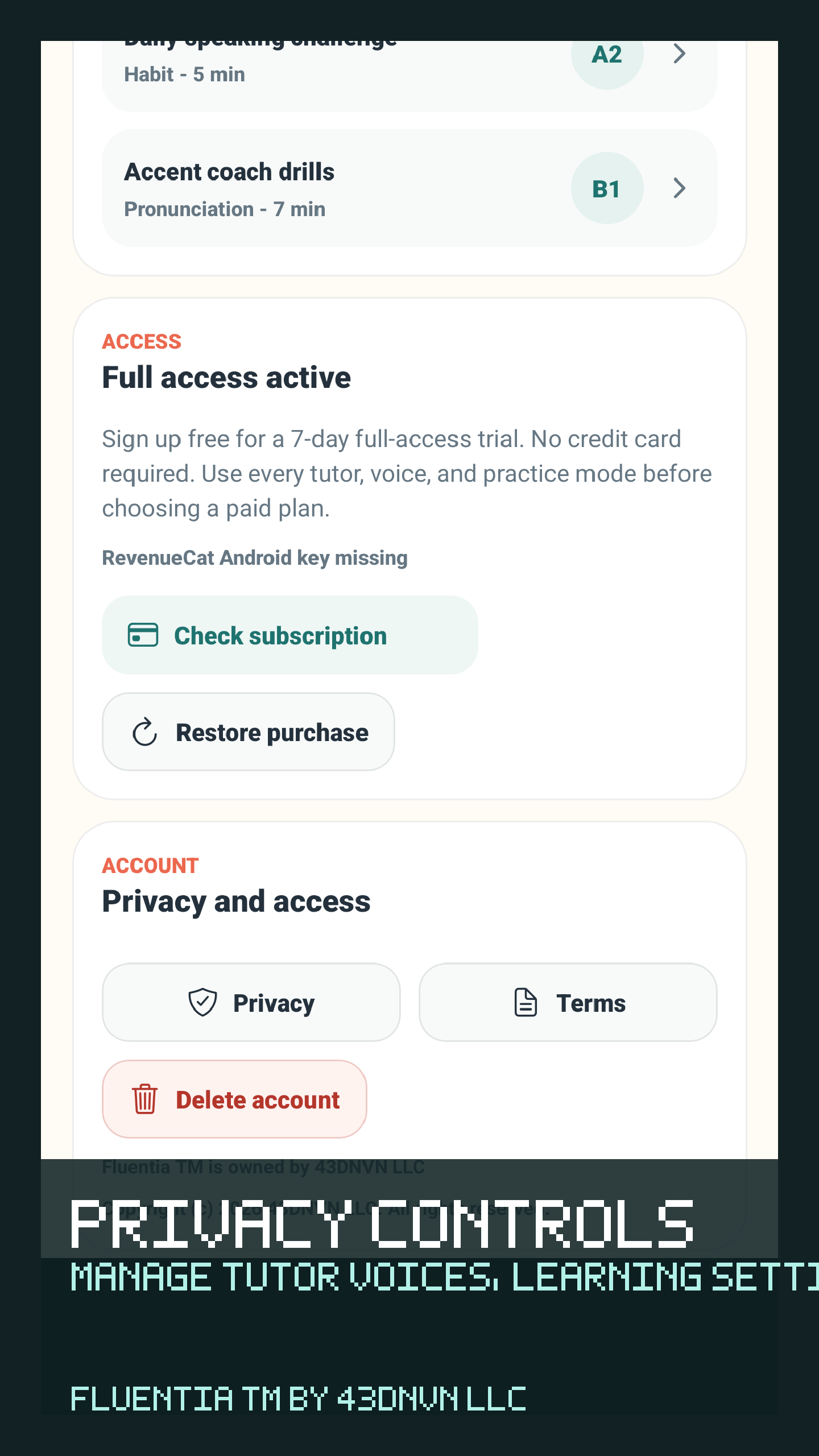 Fluentia profile and account controls